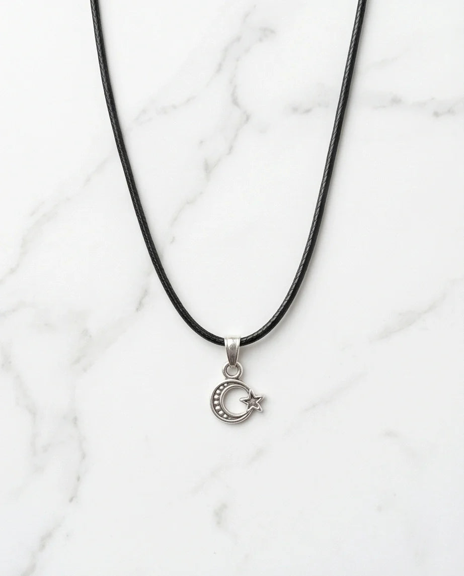 Silver Celestial Crescent Moon and Star Necklace