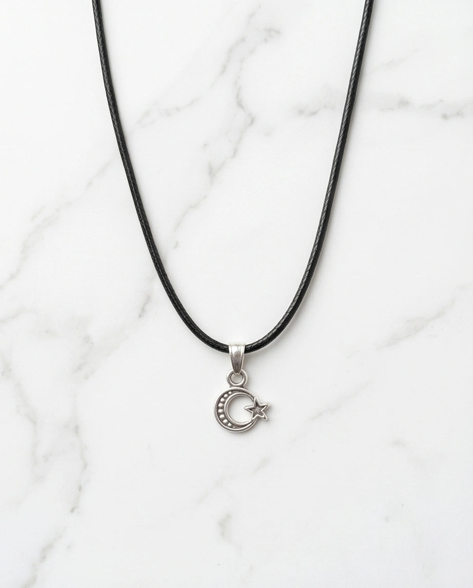 Silver Celestial Crescent Moon and Star Necklace