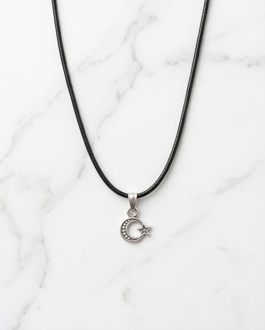 Silver Celestial Crescent Moon and Star Necklace