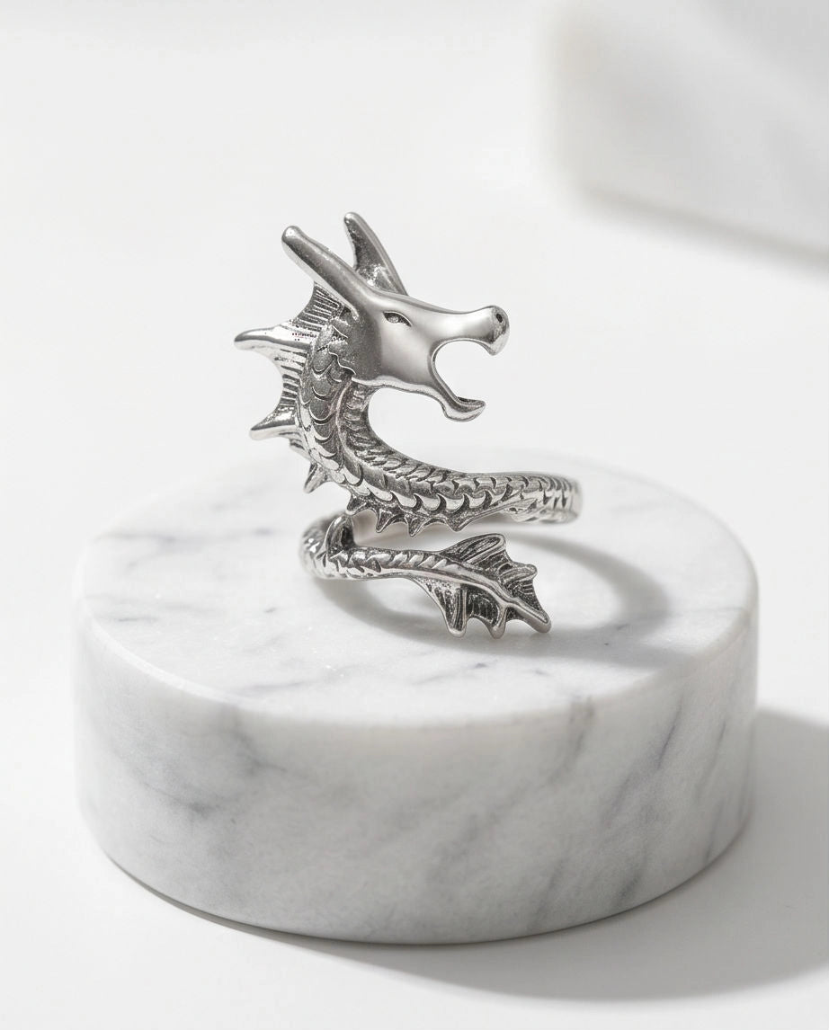 Polished Silver Sculpted Wyrm Dragon Wrap Ring