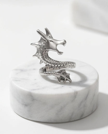 Polished Silver Sculpted Wyrm Dragon Wrap Ring
