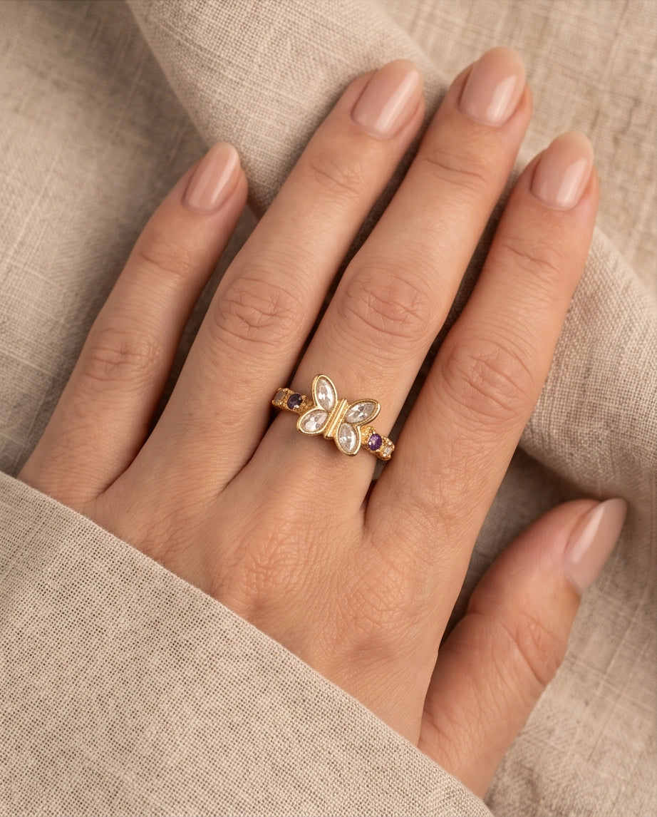 Gold Butterfly Gemstone Band Ring