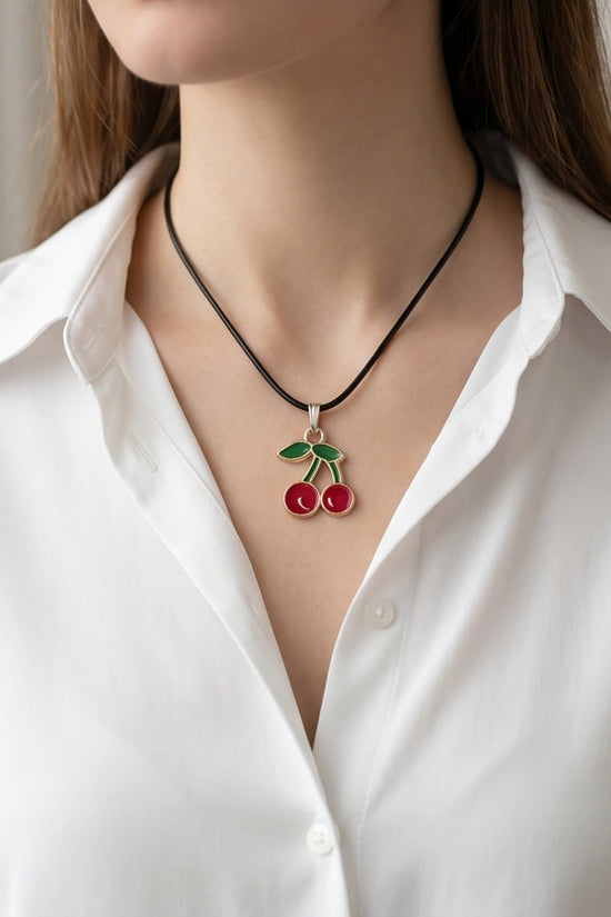 Gold and Red Cherries Pendant Necklace
