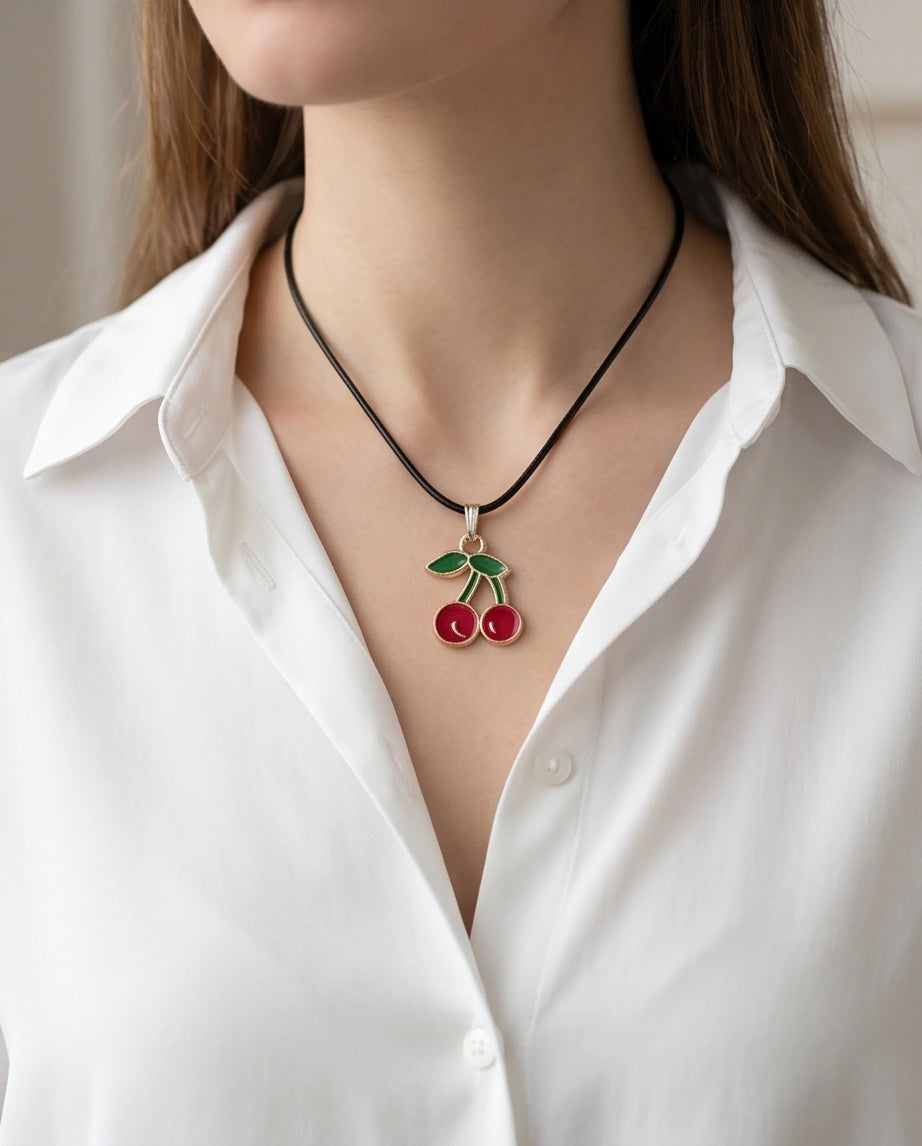 Gold and Red Cherries Pendant Necklace