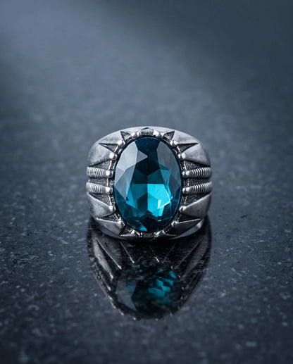 Oxidized Silver Oval Aqua Blue Claw Signet Ring