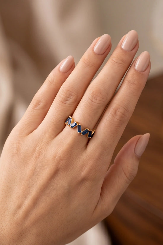 Gold Plated Blue Sapphire Baguette Zigzag Ring