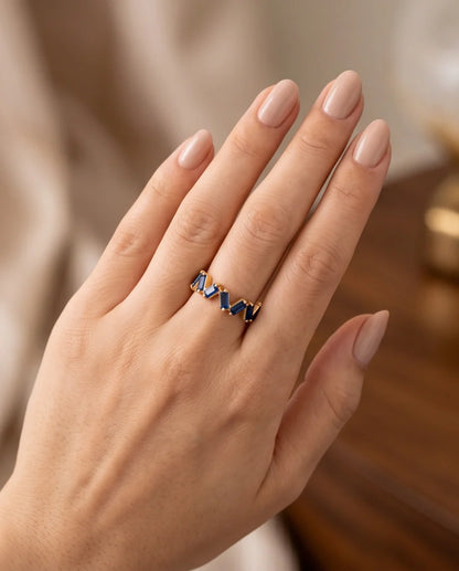 Gold Plated Blue Sapphire Baguette Zigzag Ring