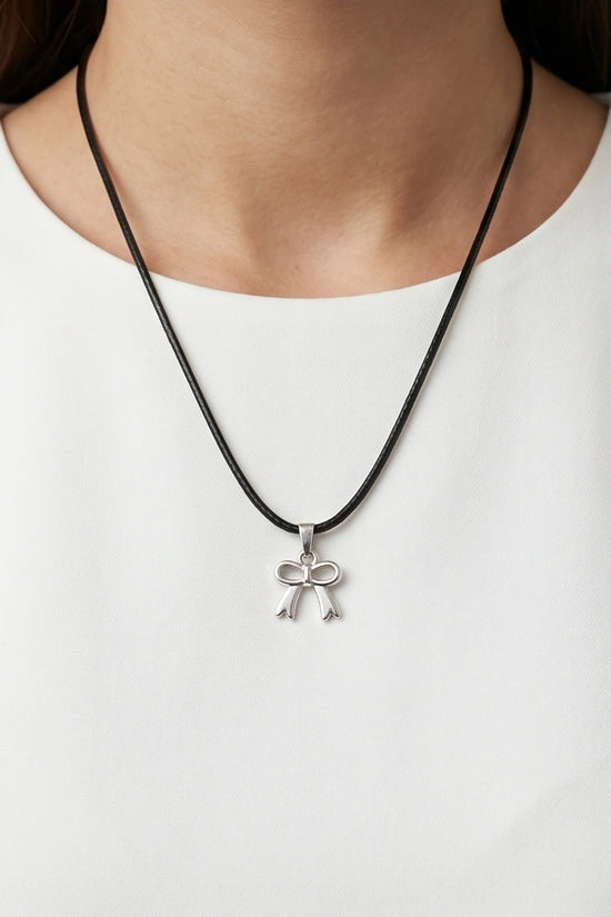 Silver Polished Ribbon Bow Necklace