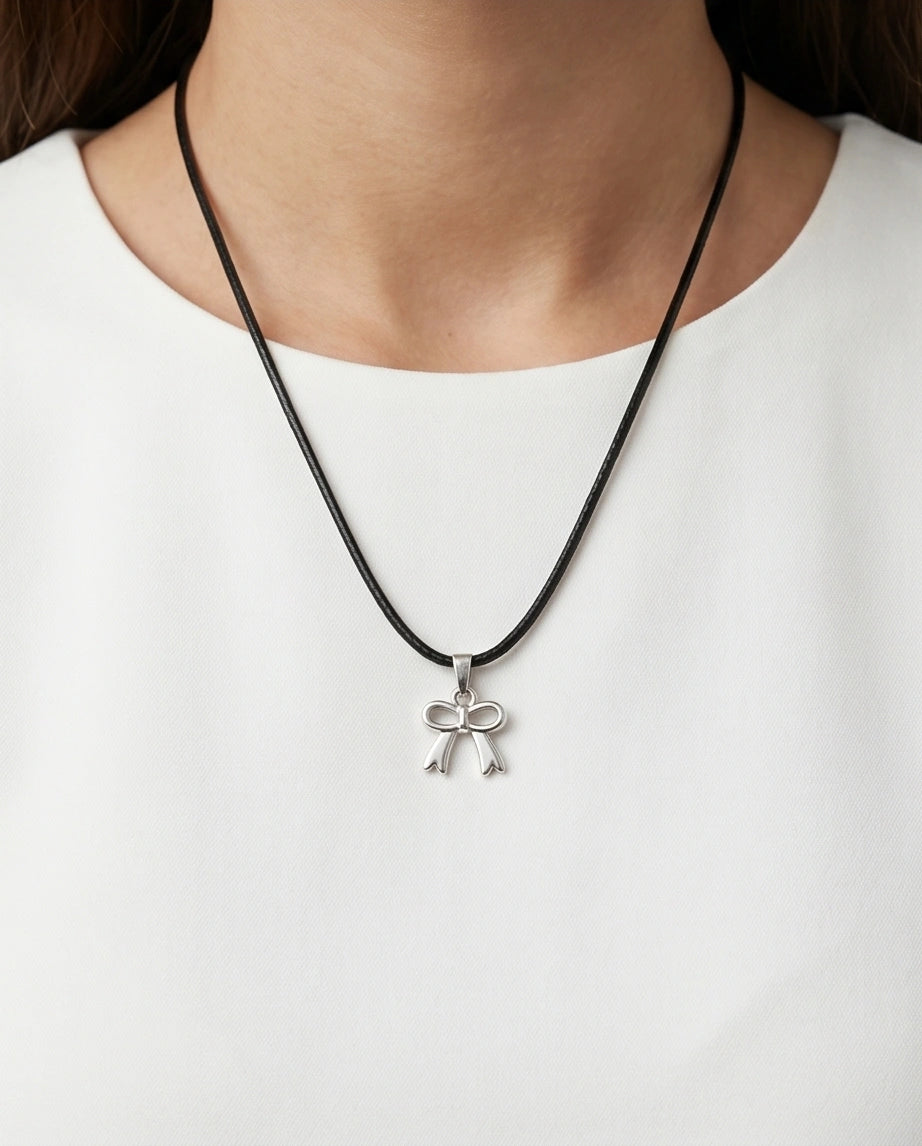 Silver Polished Ribbon Bow Necklace