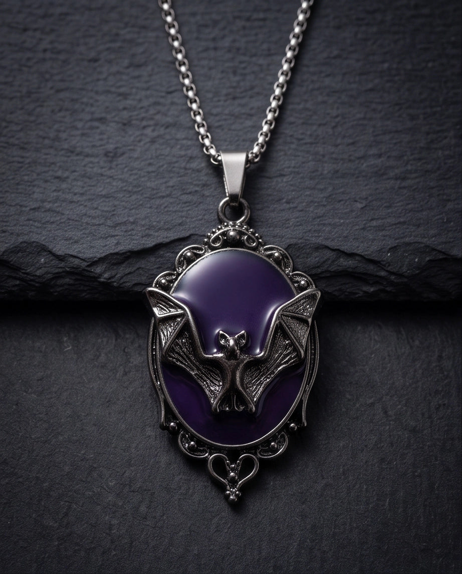 Antique Silver Gothic Bat Purple Enamel Medallion Chain Necklace