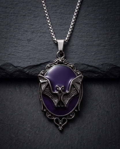 Antique Silver Gothic Bat Purple Enamel Medallion Chain Necklace