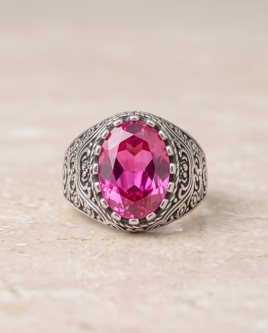 Magenta Oval-Cut Gemstone Ornate Filigree Silver Ring