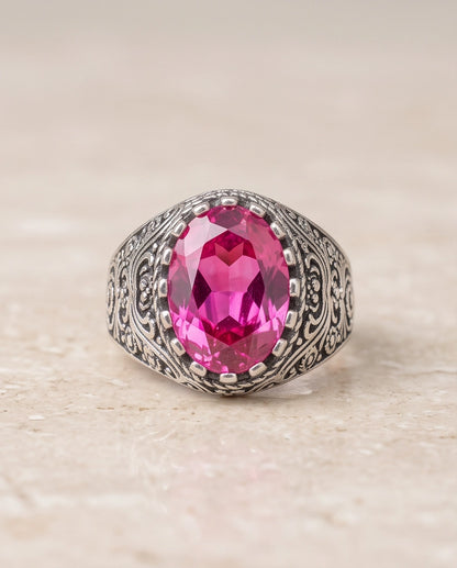 Magenta Oval-Cut Gemstone Ornate Filigree Silver Ring