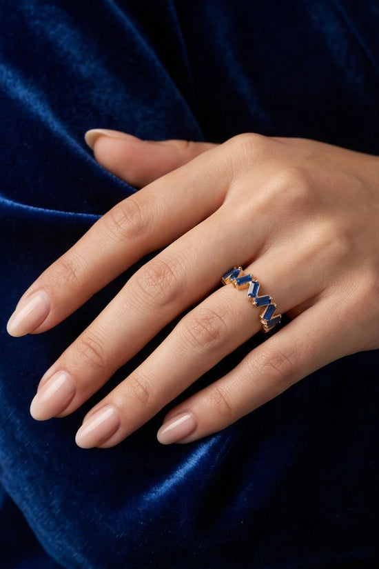 Gold Plated Blue Sapphire Baguette Zigzag Ring