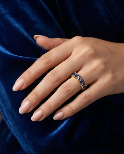 Gold Plated Blue Sapphire Baguette Zigzag Ring