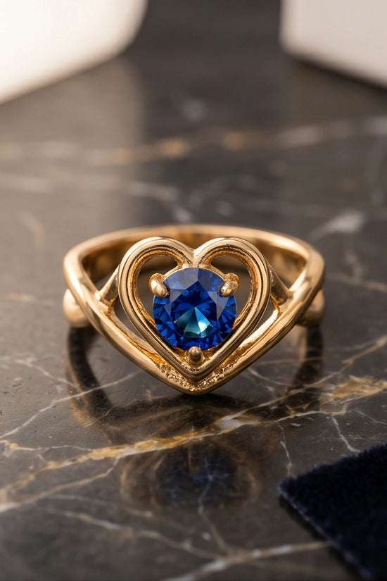 14K Gold Sapphire Heart-Shaped Openwork Ring