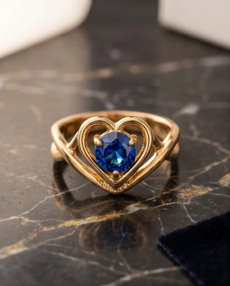 Gold Sapphire Heart-Shaped Openwork Ring