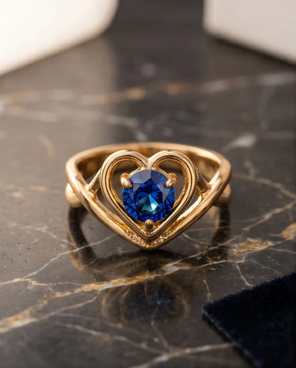 Gold Sapphire Heart-Shaped Openwork Ring