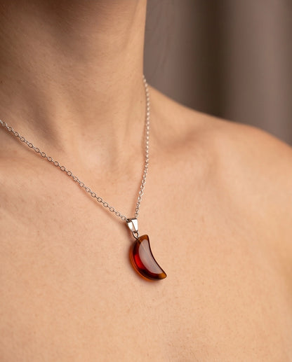 Silver Amber Resin Crescent Moon Pendant Necklace