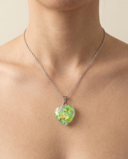 Silver Lime Green Glitter Heart Resin Pendant Necklace