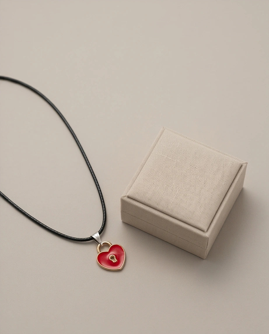 Gold and Red Heart Padlock Necklace
