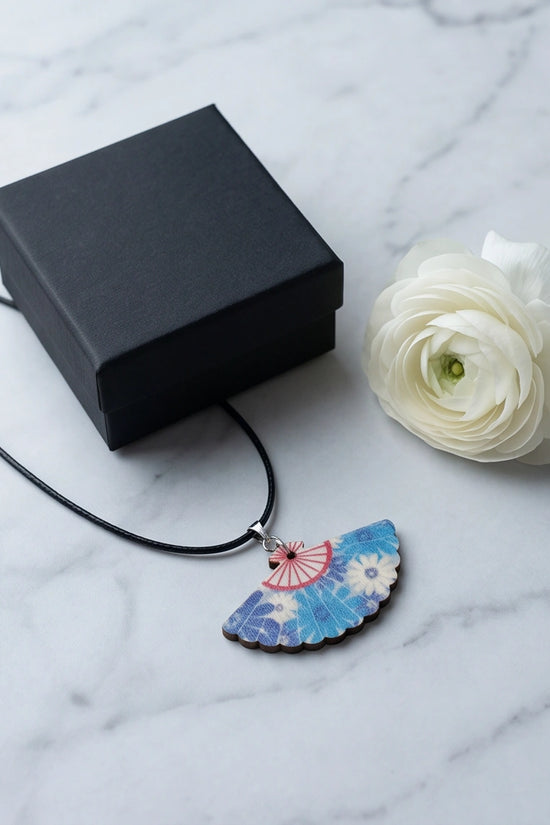Vintage Ocean Blue Floral Hand-Fan Pendant Necklace