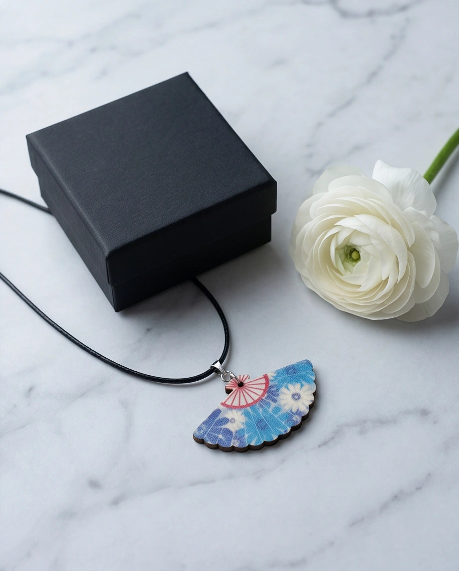 Vintage Ocean Blue Floral Hand-Fan Pendant Necklace