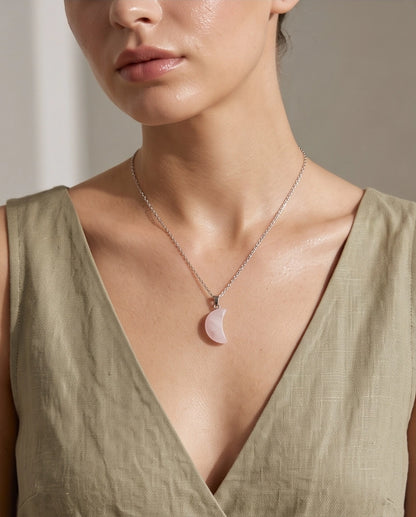 Silver Rose Quartz Pink Crescent Moon Pendant Necklace