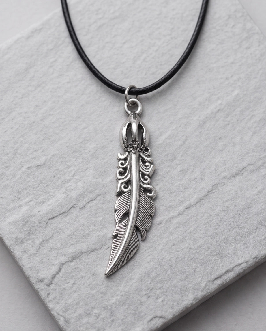 Silver Tribal Feather Cord Necklace