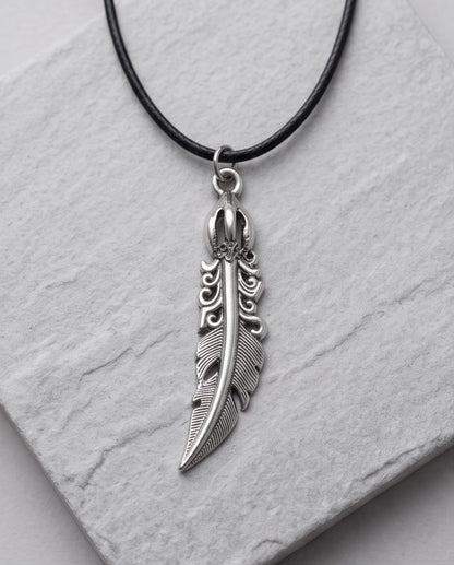 Silver Tribal Feather Cord Necklace