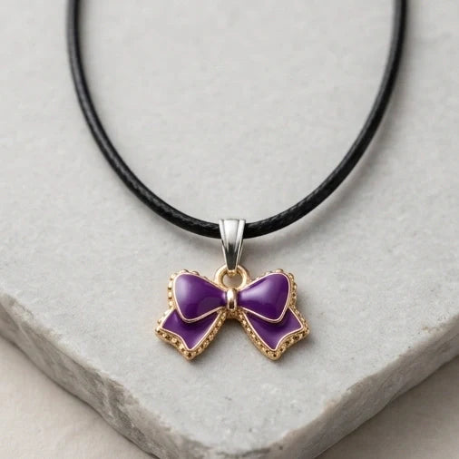Glossy Purple Bow Enamel Pendant Necklace