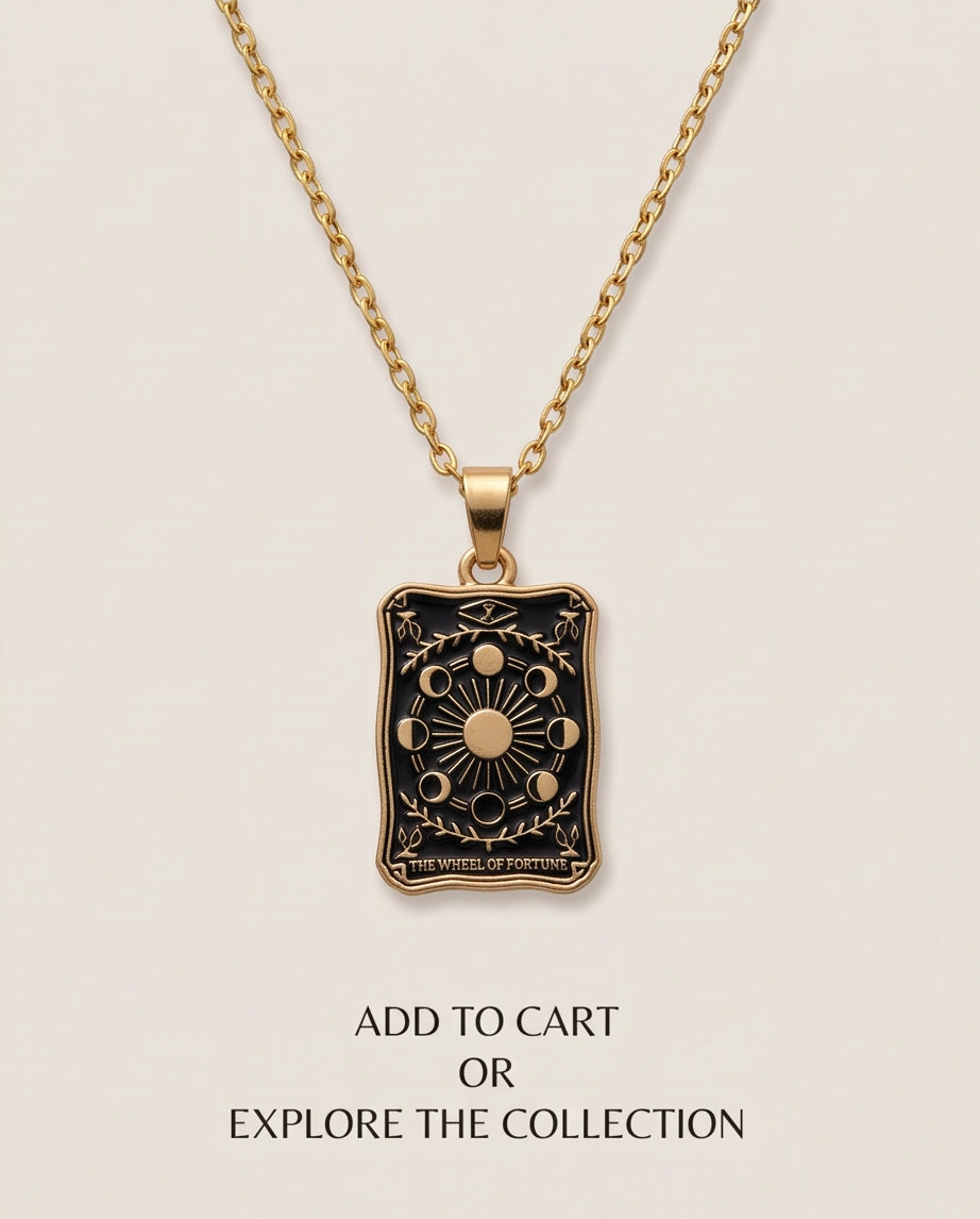 Gold "The Wheel of Fortune" Tarot Card Pendant Necklace