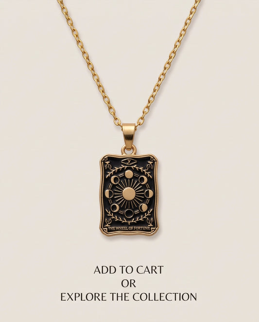 Gold "The Wheel of Fortune" Tarot Card Pendant Necklace