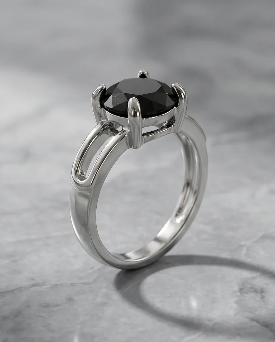 Sterling Silver Round-Cut Split Shank Black Onyx Ring