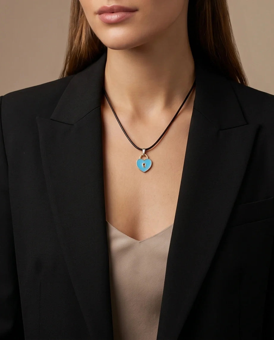 Gold and Pastel Blue Heart Lock Necklace