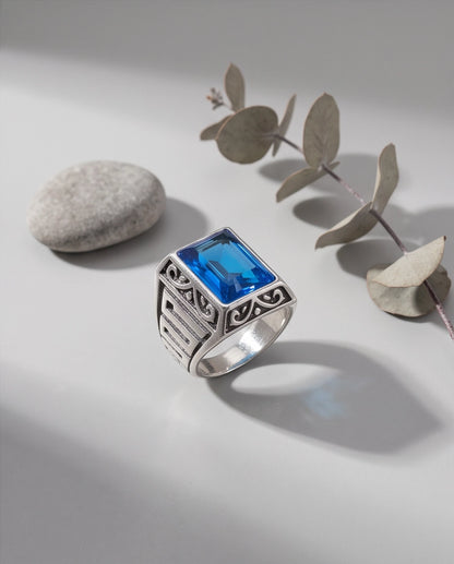 Sapphire Gemstone Rectangular Filigree Bezel Silver Ring