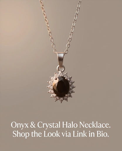 Silver Black Gem Oval Halo Medallion Pendant Necklace