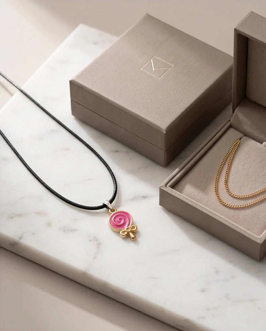 Gold and Pink Lollipop Pendant Necklace