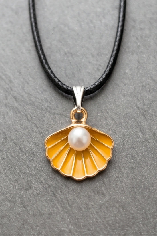 Golden Yellow Seashell Enamel Pendant Necklace with Faux Pearl