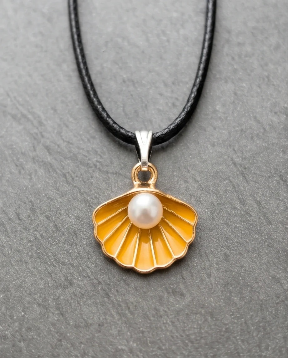 Golden Yellow Seashell Enamel Pendant Necklace with Faux Pearl