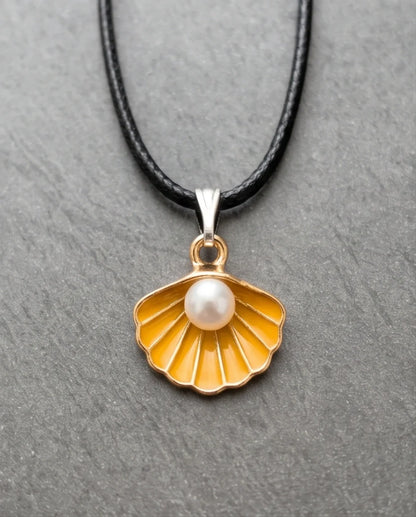 Golden Yellow Seashell Enamel Pendant Necklace with Faux Pearl
