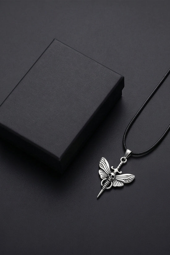 The Shadow Wing: Gothic Skull Moth Dagger Pendant Necklace