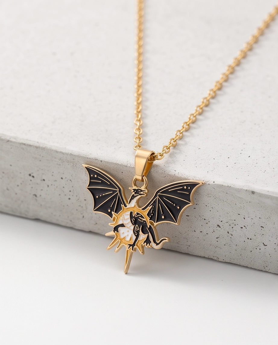 Gold Celestial Winged Dragon Enamel Pendant Necklace