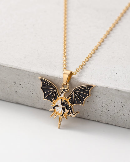Gold Celestial Winged Dragon Enamel Pendant Necklace
