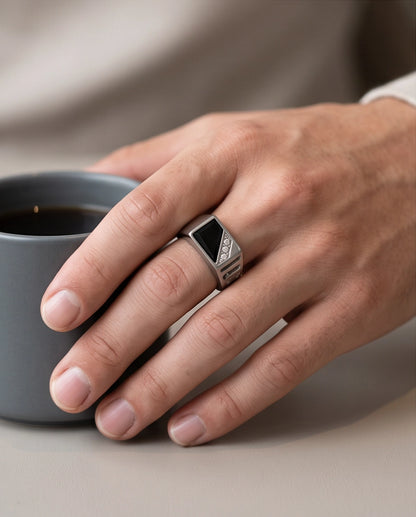 Onyx Inlay & Pavé Diagonal Split Signet Silver Ring