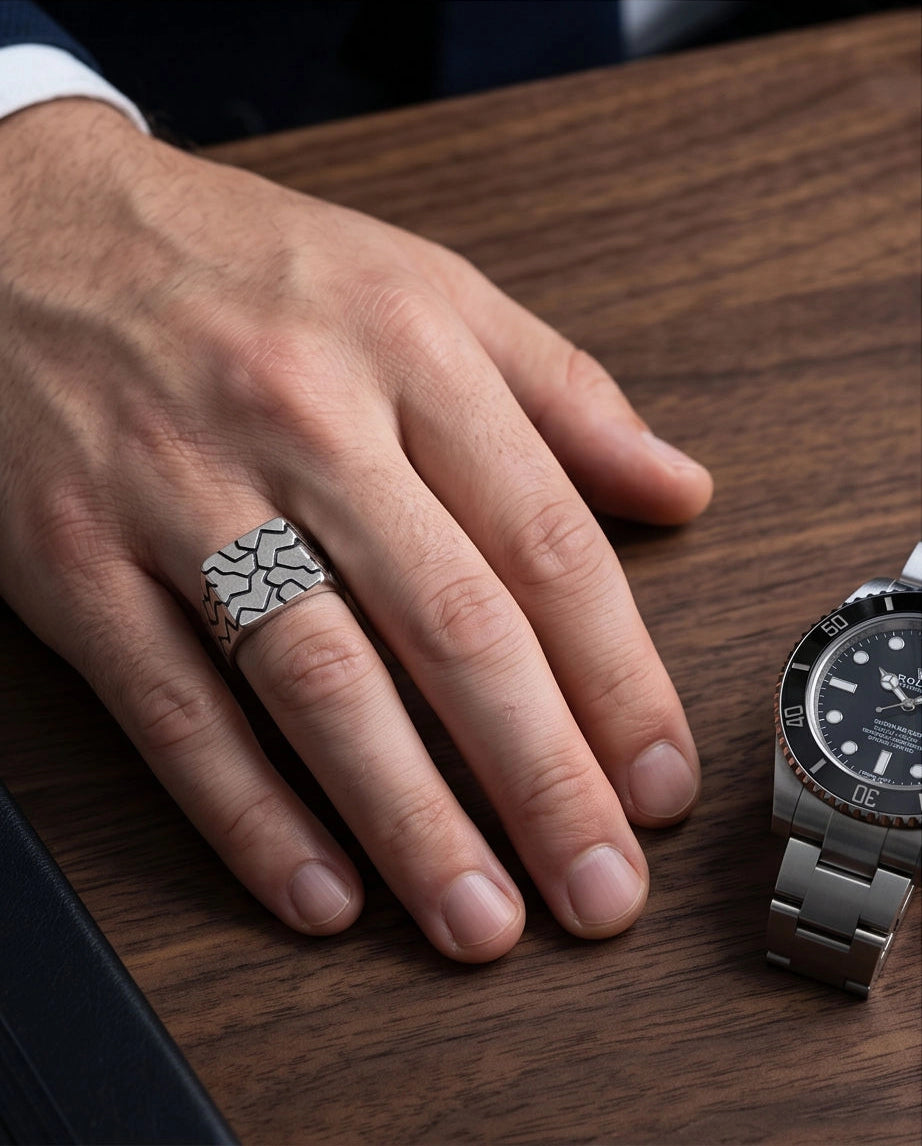 Matte Silver Geometric Mosaic Signet Ring