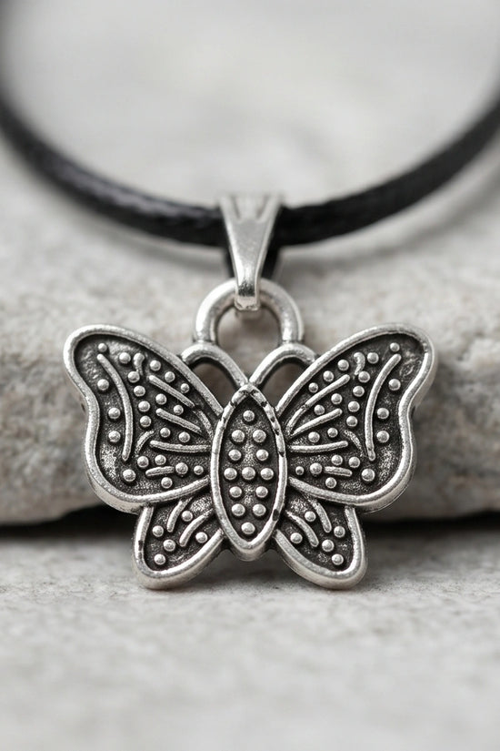 Silver Textured Butterfly Pendant Necklace