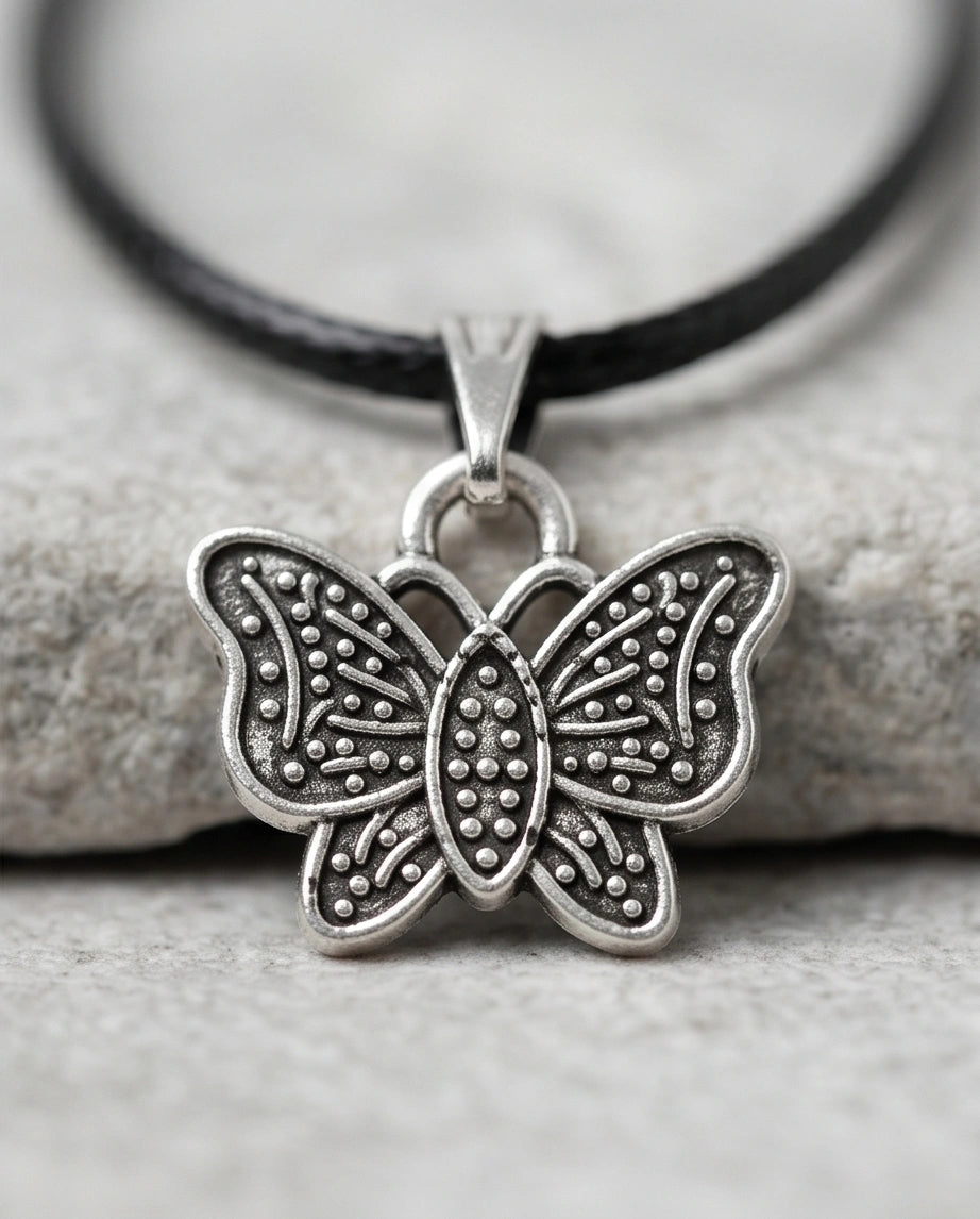 Silver Textured Butterfly Pendant Necklace