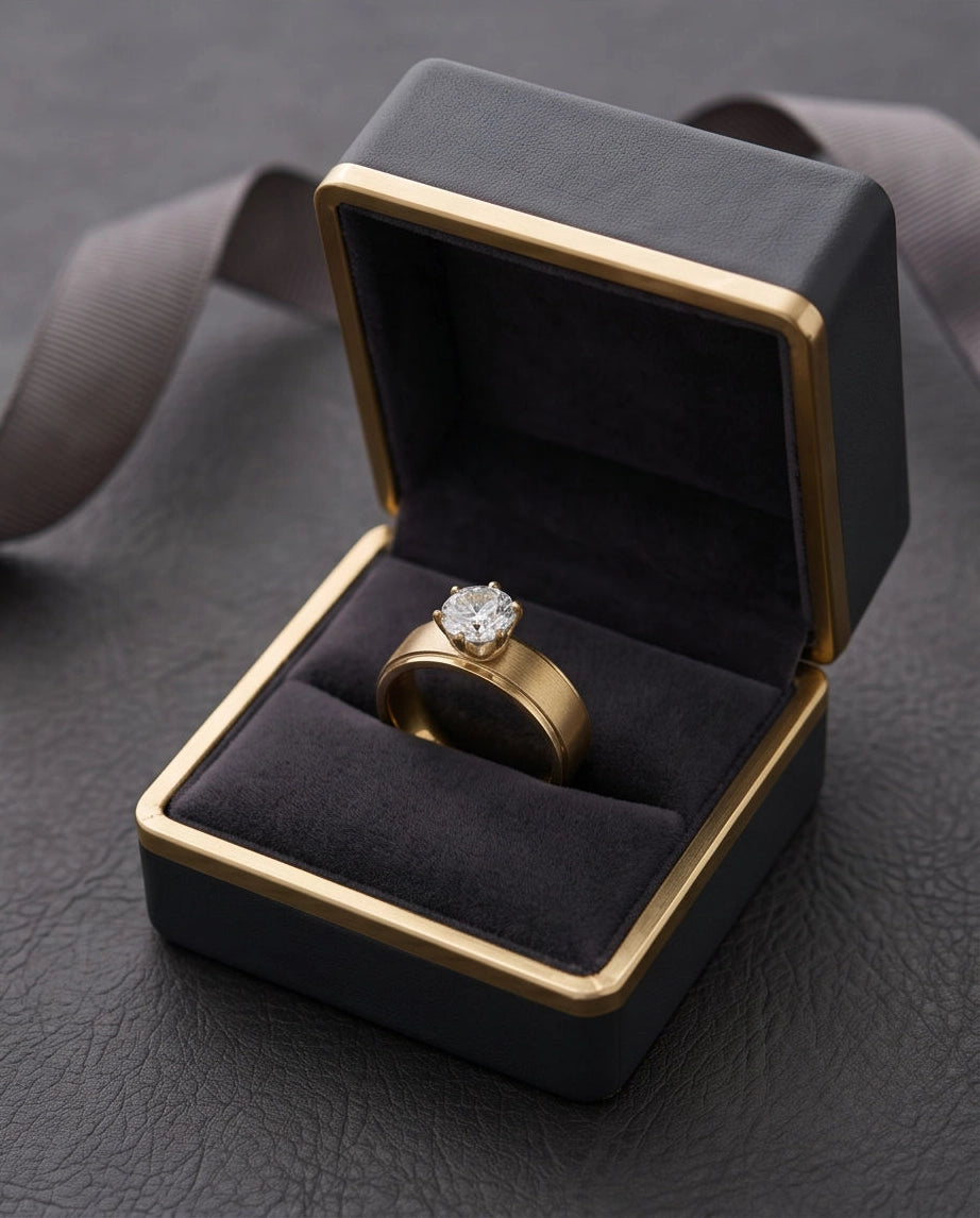 Gold Round Gemstone Brushed Solitaire Ring