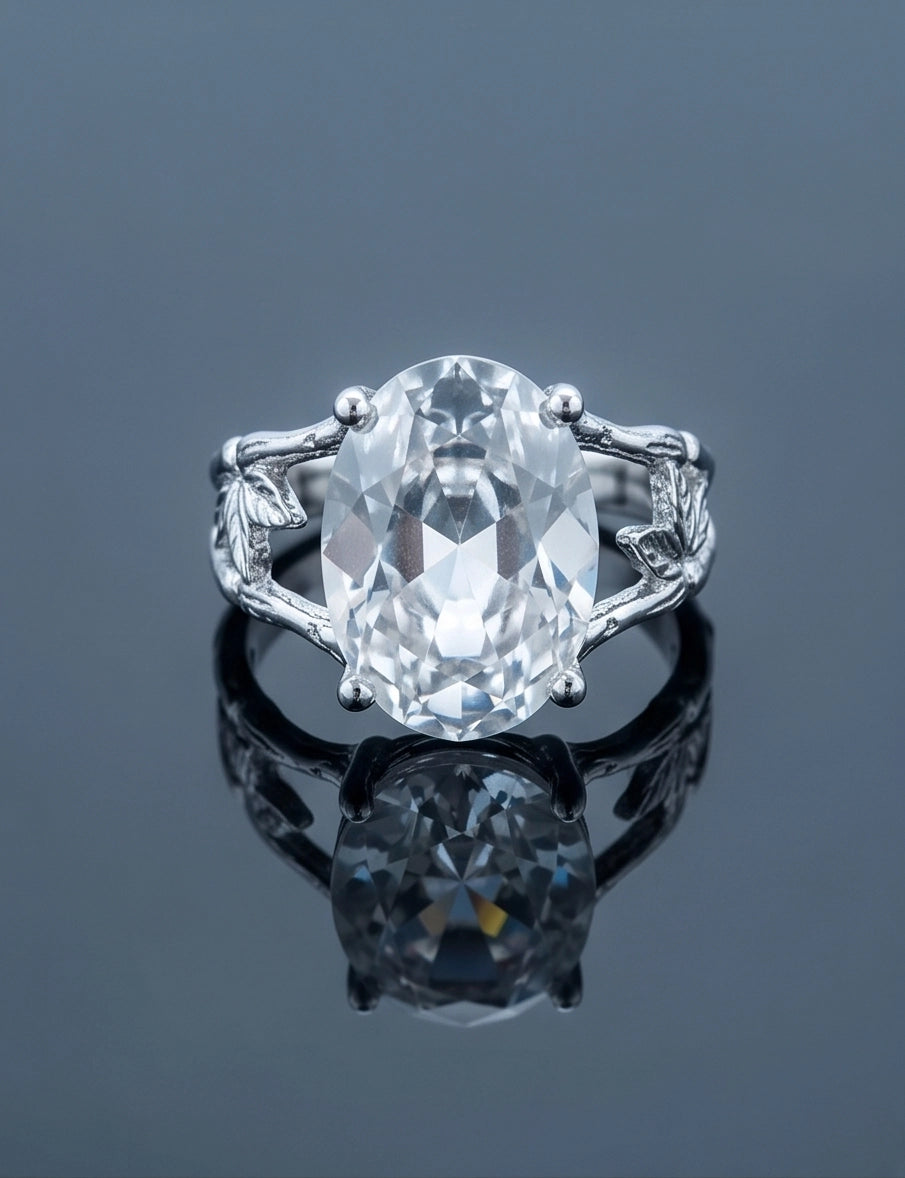 Silver Oval Quartz Botanical Solitaire Ring